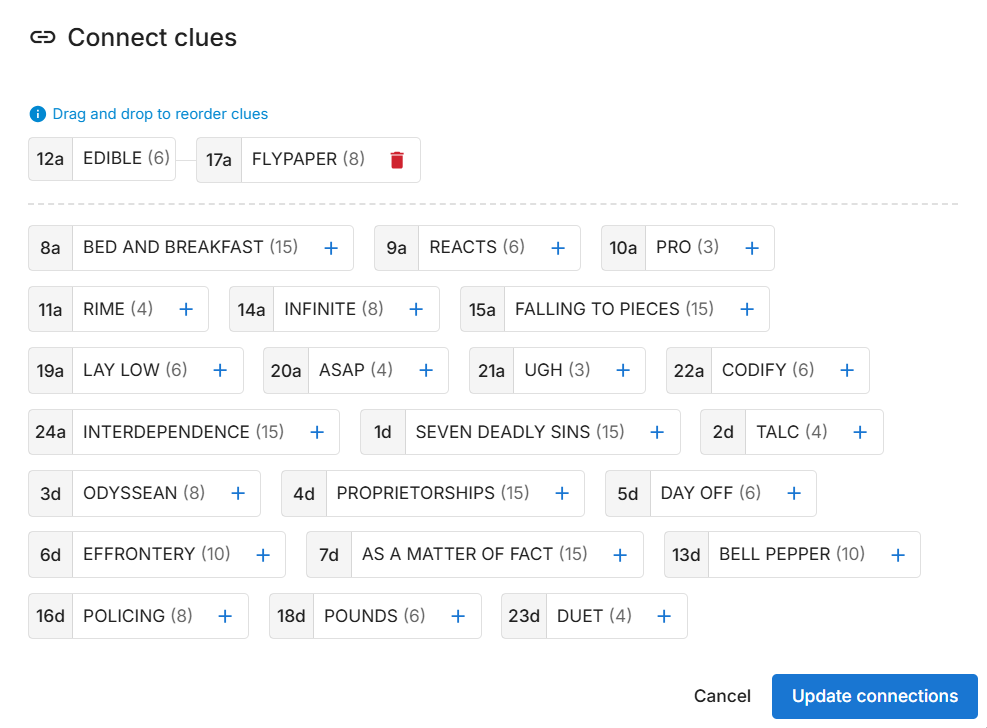 A dialog with a list of clues that can be connected