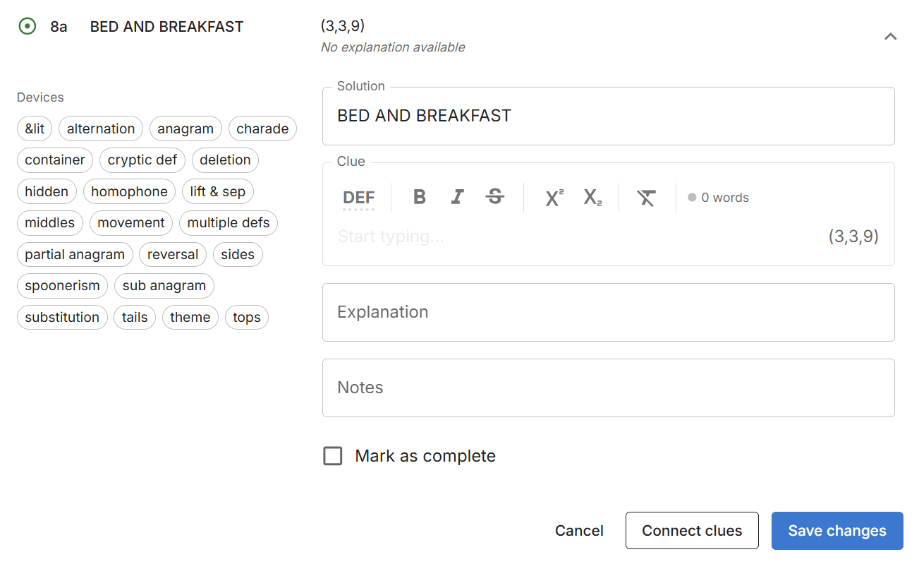 An expanded accordion with a clue's editable fields