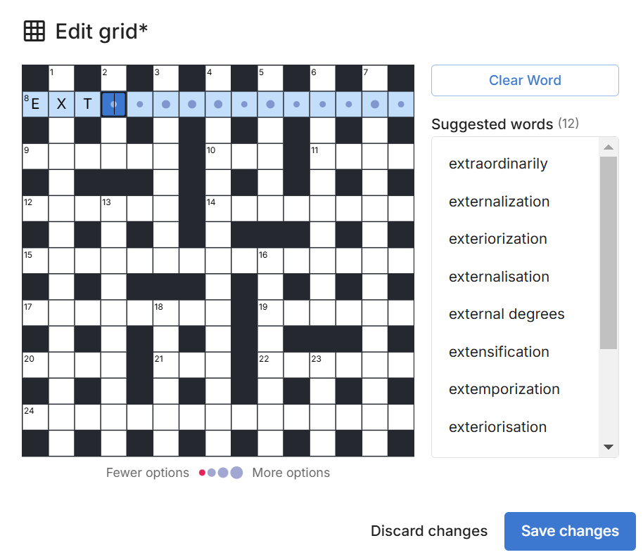 A crossword grid in a dialog with EXT typed in and a list of suggestions