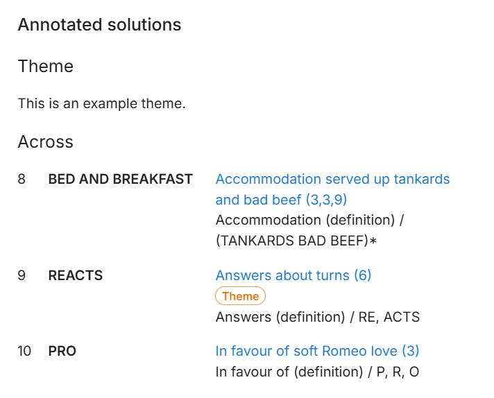 A dialog showing annotated solutions with themed clues
