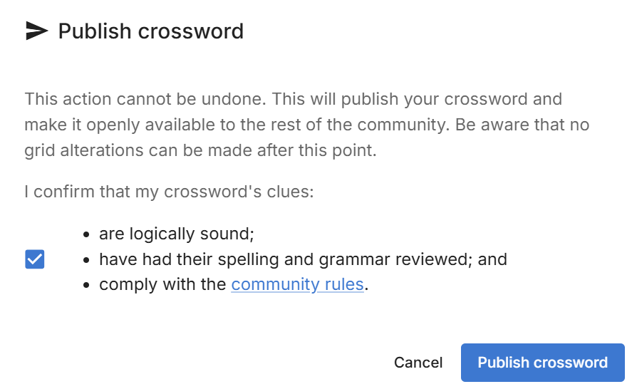 Publish crossword dialog with a confirmation checkbox