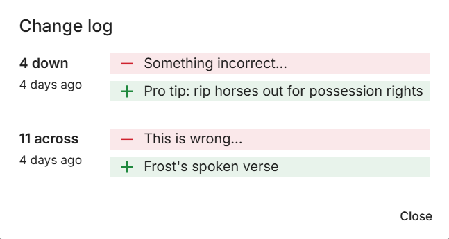 A dialog show a list of changes made to a crossword