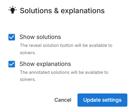 A dialog with solutions and explanations settings